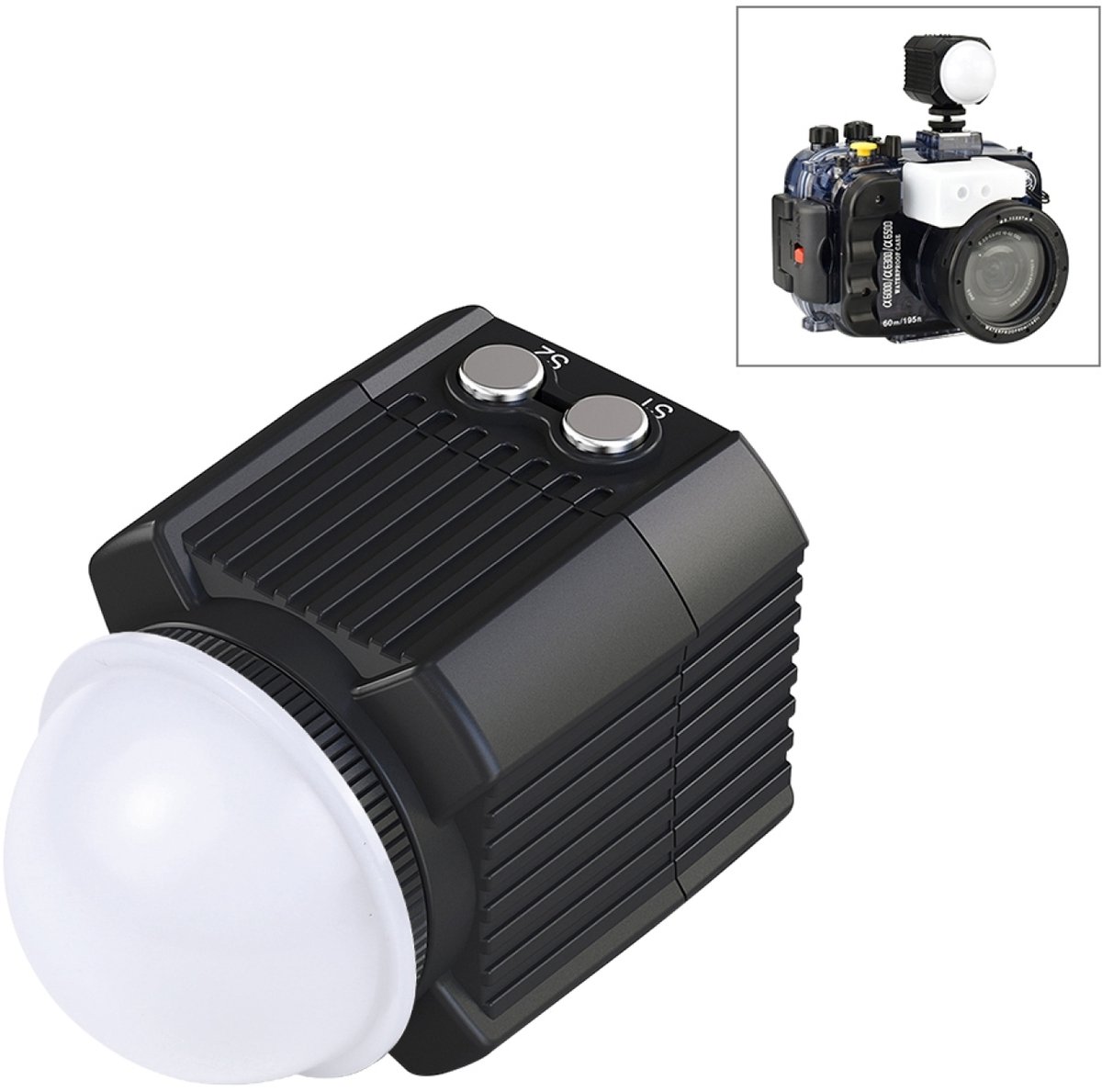 PULUZ 60m onderwater LED fotografie vullamp 7. 4v /1100mAh duiklamp,Geschikt voor GoPro Hero11 zwart/HERO10 zwart/HERO9 zwart /HERO8 / HERO7/6/5/5 sessie /4 sessie / 4/3 + / 3/2/1,Insta360 ONE R, DJI Osmo Action en andere bewegingscamera's