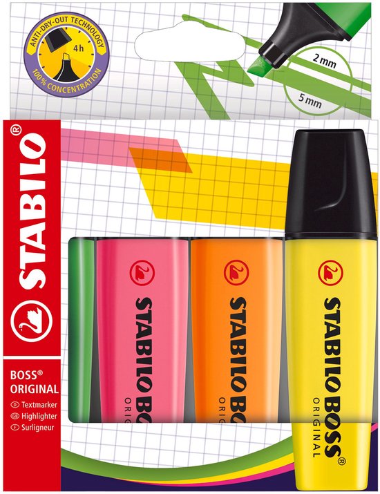 Verpakking met drie Stabilo Boss Original stiften in groen, roze en oranje, en één gele stift met dop.