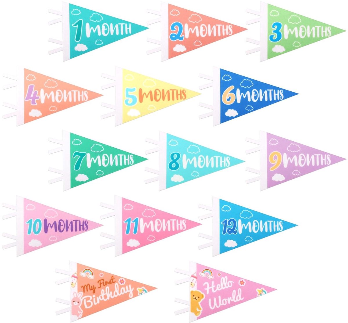 Image of 14Pcs Baby Felt Pennant Milestone Signs - Multicolor Monthly Baby Milestone Flag - Baby Age Milestone Triangle Flags voor Boy & Girl - Newborn Party Favors - Foto Props