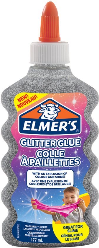 Colle à paillettes argentée Elmer's avec bouchon orange.