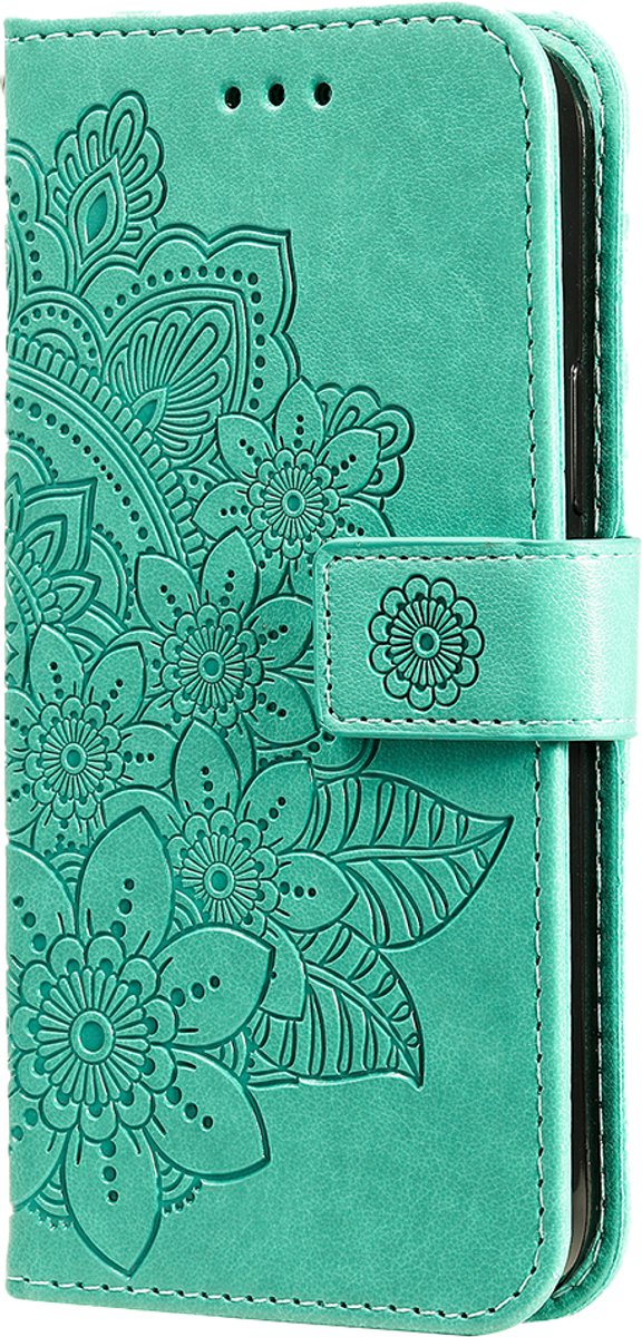 Hoesje geschikt voor iPhone 17 Pro - Bookcase - Pasjeshouder - Portemonnee - Bloemenprint - Kunstleer - Turquoise