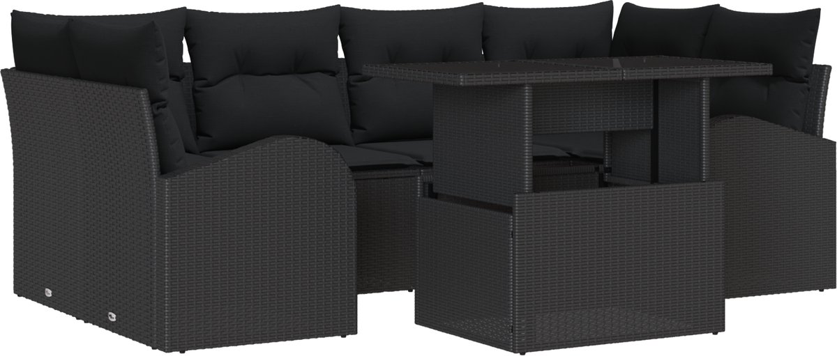 vidaXL - Tuinbank - Set - met - kussen - met - opslag - 7 - pcs - Zwart - Poly - Riet
