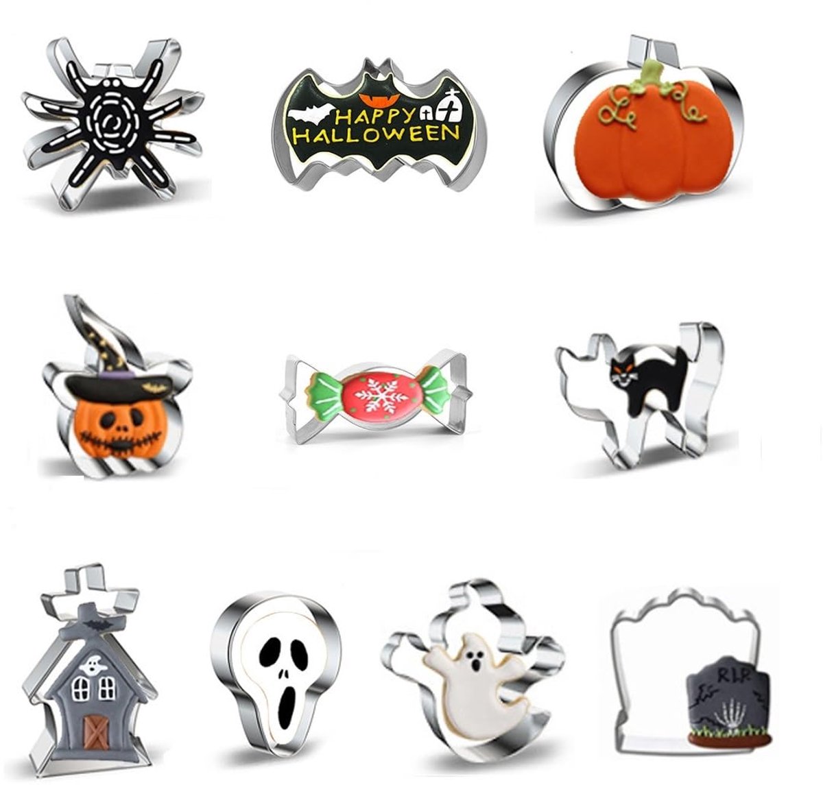 10 stuks koekjesvormpjes, Halloween koekjesvormpjesset, roestvrij staal, voor Halloween: geest, vleermuis, pompoen, kat, spin, grafsteen, enz. (Halloween)
