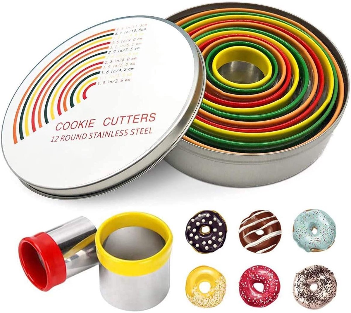 Ronde koekjesvormpjes, ronde koekjesvormpjes van roestvrij staal, 12 stuks donutvormpjes, ronde koekjesvormpjes, ringvormige koekjesvormpjesset met opbergdoos, bakkeukenaccessoires voor koekjes, biscuits, donuts