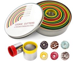 Ronde koekjesvormpjes, ronde koekjesvormpjes van roestvrij staal, 12 stuks donutvormpjes, ronde koekjesvormpjes, ringvormige koekjesvormpjesset met opbergdoos, bakkeukenaccessoires voor koekjes, biscuits, donuts