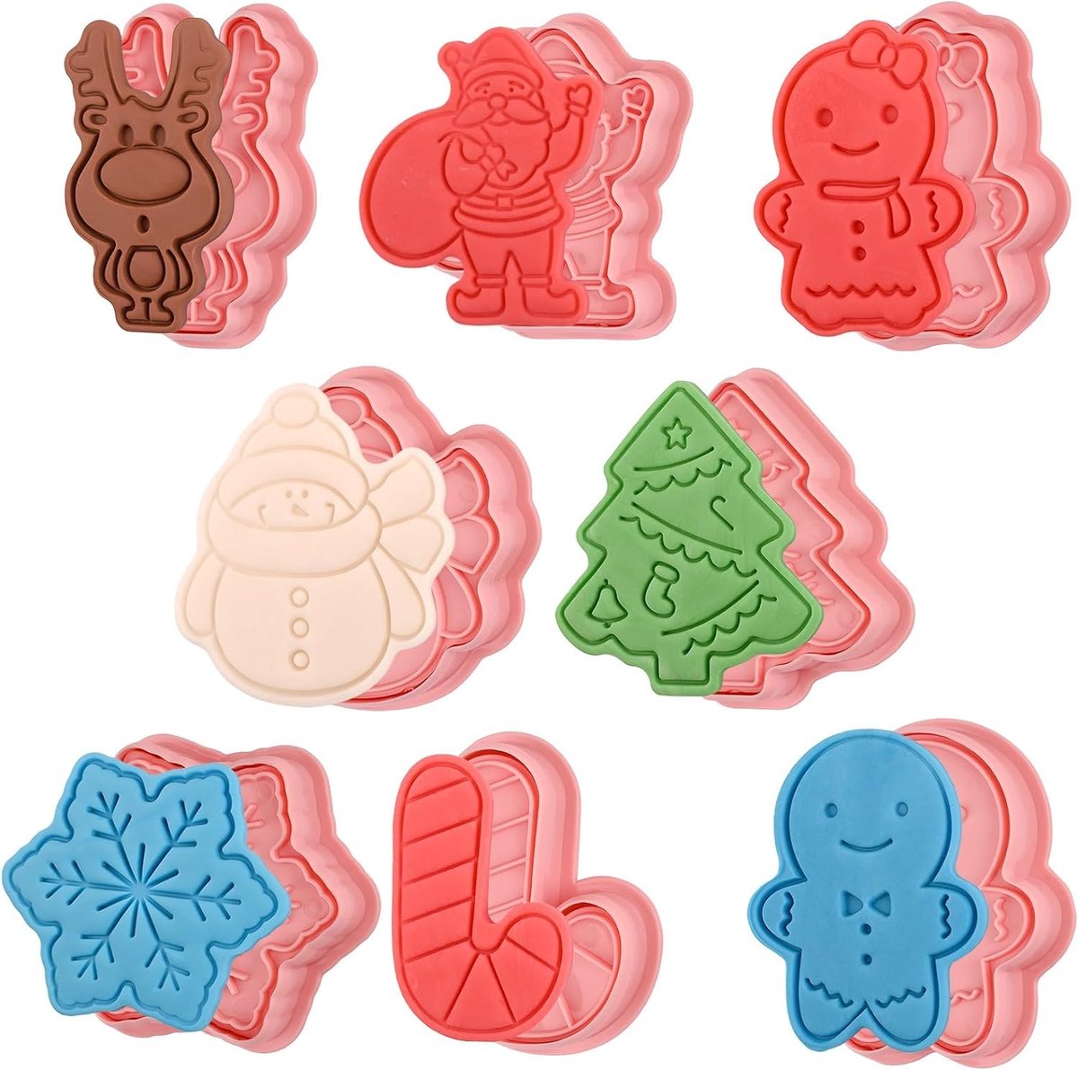 Set van 8 kerstkoekjesvormpjes, kerstkoekjesvormpjes, herbruikbare koekjesvormpjes, plastic koekjesvormen, inclusief peperkoekmannetje, kerstman, etc.