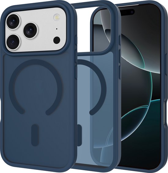 Blauw telefoonhoesje dat de voorkant en achterkant van een iPhone toont, met magnetische ring en versterkte randen.