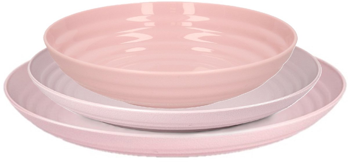 Plasticforte camping borden set - roze - kunststof - 3 soorten - 18x stuks - onbreekbaar servies