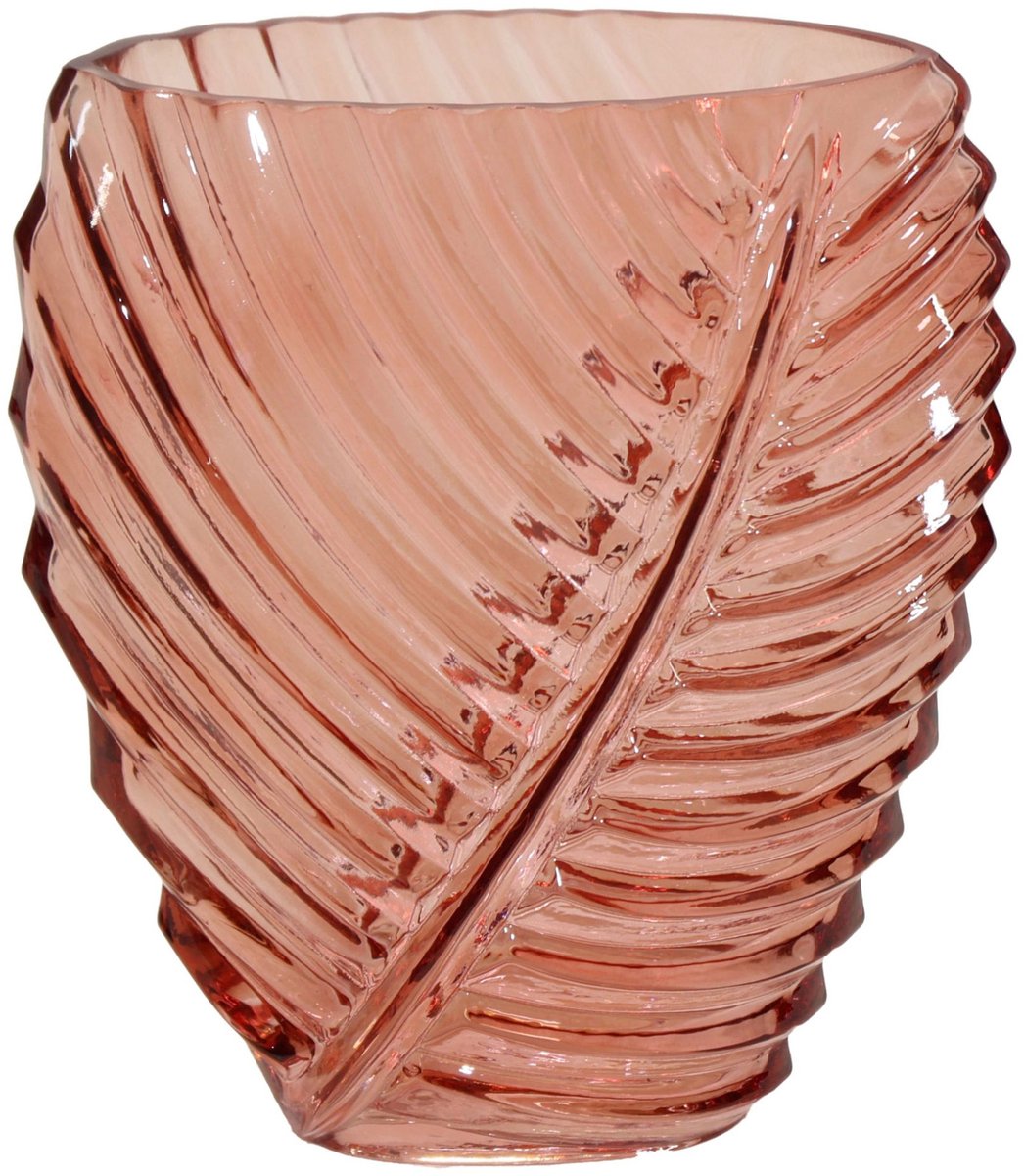 Mega Collections Bloemenvaas Leafy - roze - glas - blader relief - 14 x 25 cm
