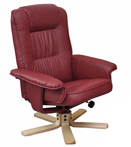 Bordeauxrode kunstlederen fauteuil met houten sterpoot.