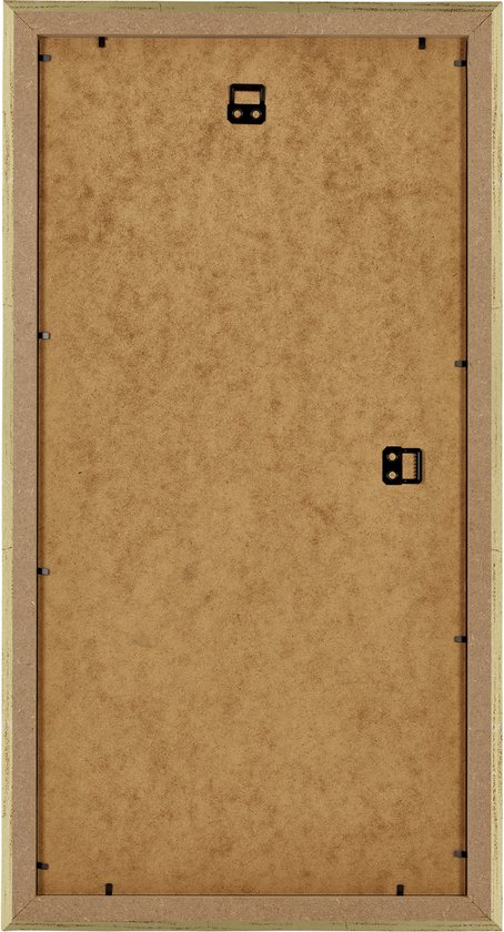 Achterkant van een goudkleurige fotolijst, met bruine MDF-achterplaat en ophanghaken.