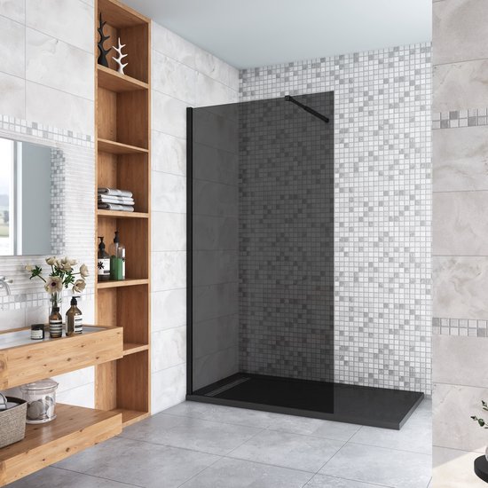 Inloopdouche 100x200cm met zwart folie,10mm NANO EasyClean veiligheidsglas,73-120cm Stabilisatiestang,mat zwart aluminium profiel.