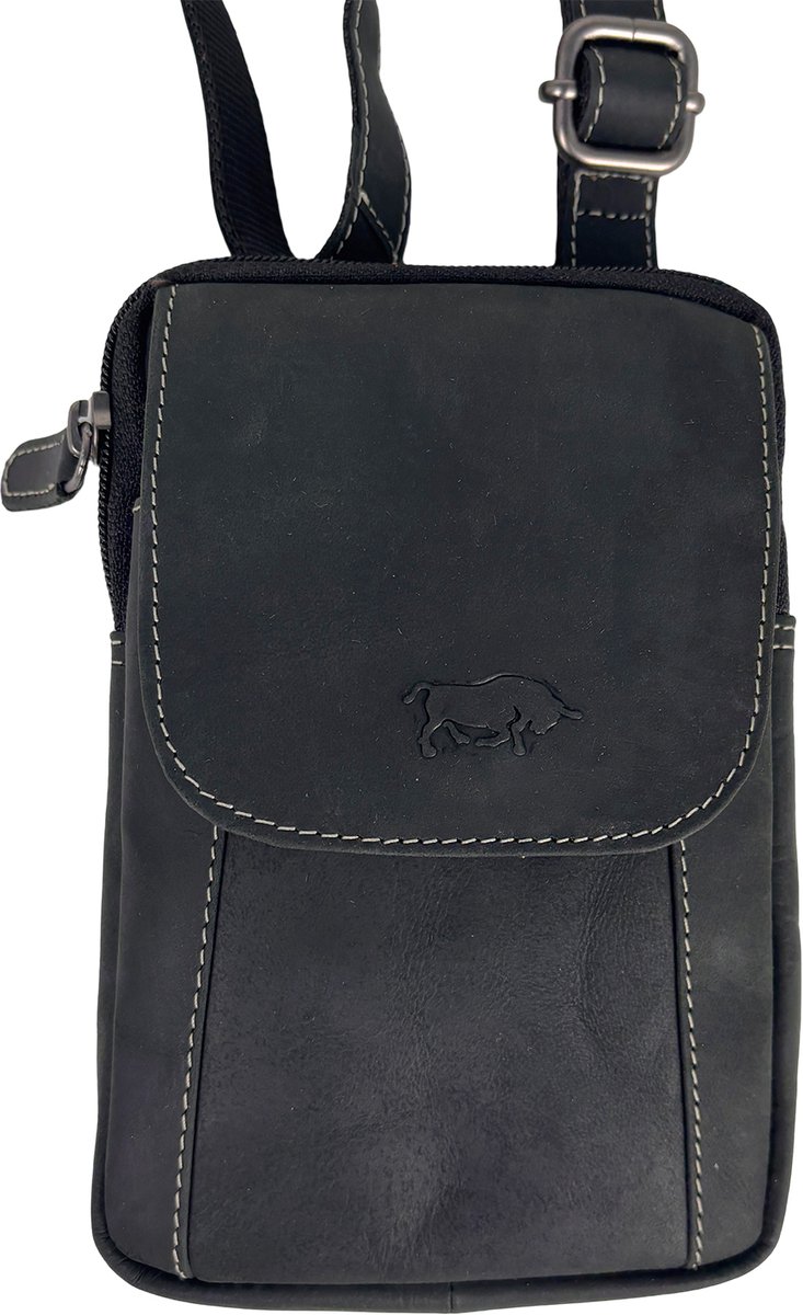 Zwart crossbodytasje vintage buffelleer - Riemtasje - Festivaltasje & vakantietasje - Paspoorttasje - Arrigo