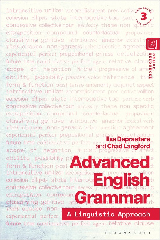 Livre 'Advanced English Grammar A Linguistic Approach' par Ilse Depraetere et Chad Langford, avec du texte rouge sur fond blanc.