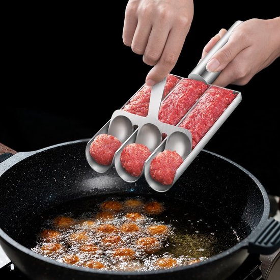 RVS Drievoudige gehaktballenmaker - Gereedschap voor het maken van gehaktballen - Lepel met snijgedeelte - Set mallen voor het maken van gehaktballen - Gereedschap voor thuis koken - DIY snel gehaktballen koken - Zilver van Merkloos — afbeelding 5