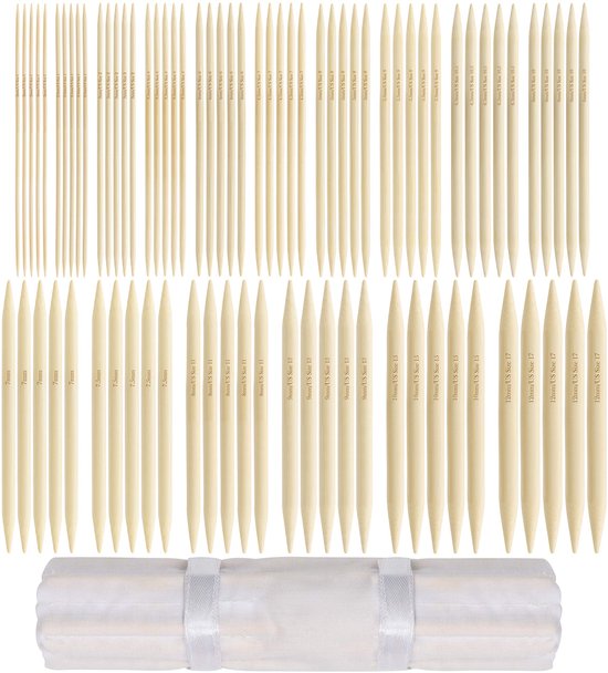 Set van 55 breinaalden van carbonized bamboe dubbele naalden in 11 maten (5,1 inch / 13 cm