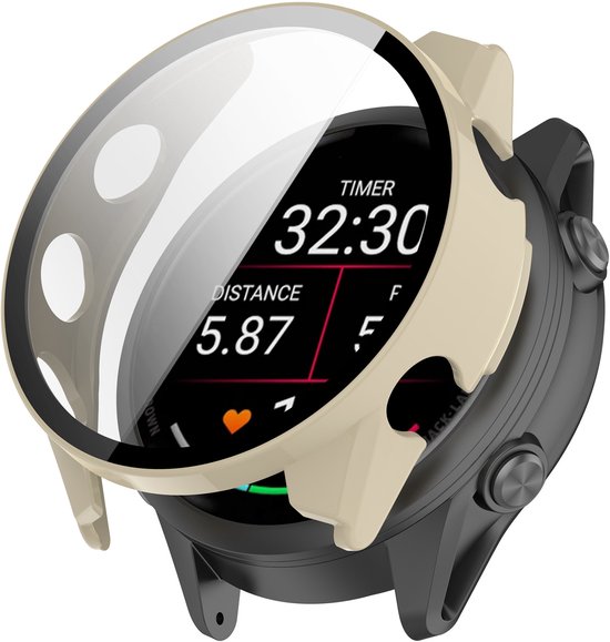 Strap-it Hard case hoesje met screen protector glas - geschikt voor Garmin Forerunner 570 - 47mm (beige)