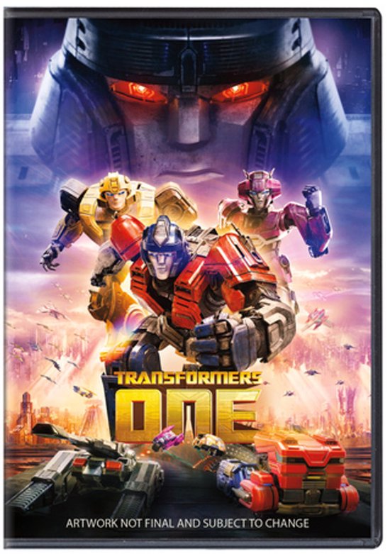 Transformers One DVD hoes met Optimus Prime, Bumblebee, Elita en Megatron. Stadslandschap op de achtergrond.