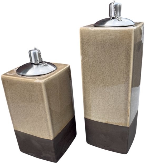 Set van 2 Luxe Keramische Olielampen voor Buiten – Beige/Bruin – 12 x 12 x 26 cm & 12 x 12 x 34 cm — afbeelding 2