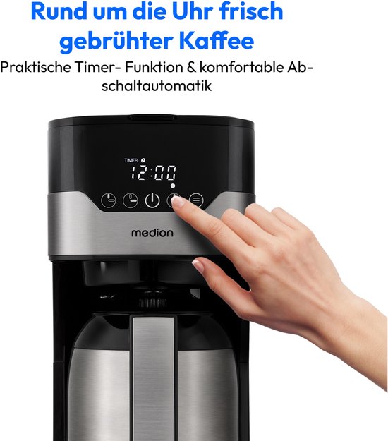 MEDION MD 18458 - Cafetière filtre programmable avec carafe isotherme - 900 Watt - 1,2 Litres - Argent