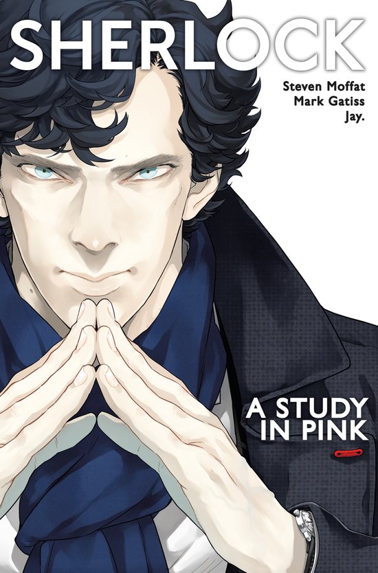 Illustratie van Sherlock Holmes met donker haar, blauwe sjaal, grijs pak en blauwe ogen, handen gevouwen.