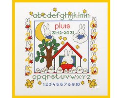 Pako Borduurpakket geboorte - telpatroon met code kaart - Nijntje Pluis Dick Bruna geboortetegel - 230.277 - voorgesorteerd garen - Aida - 38 x 38 cm - DIY kit