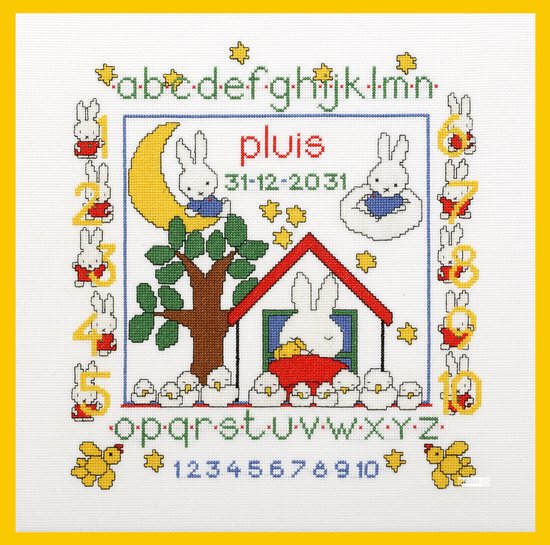 Pako Borduurpakket geboorte - telpatroon met code kaart - Nijntje Pluis Dick Bruna geboortetegel - 230.277 - voorgesorteerd garen - Aida - 38 x 38 cm - DIY kit