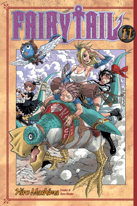 Fairy Tail 11 manga kaft met Natsu, Lucy, Happy, Wendy en een dinosaurus.