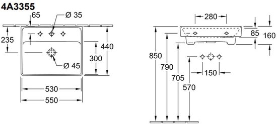 Lavabo 550x440 mm, avec trop-plein, trou de robinetterie, CeramicPlus, blanc alpin