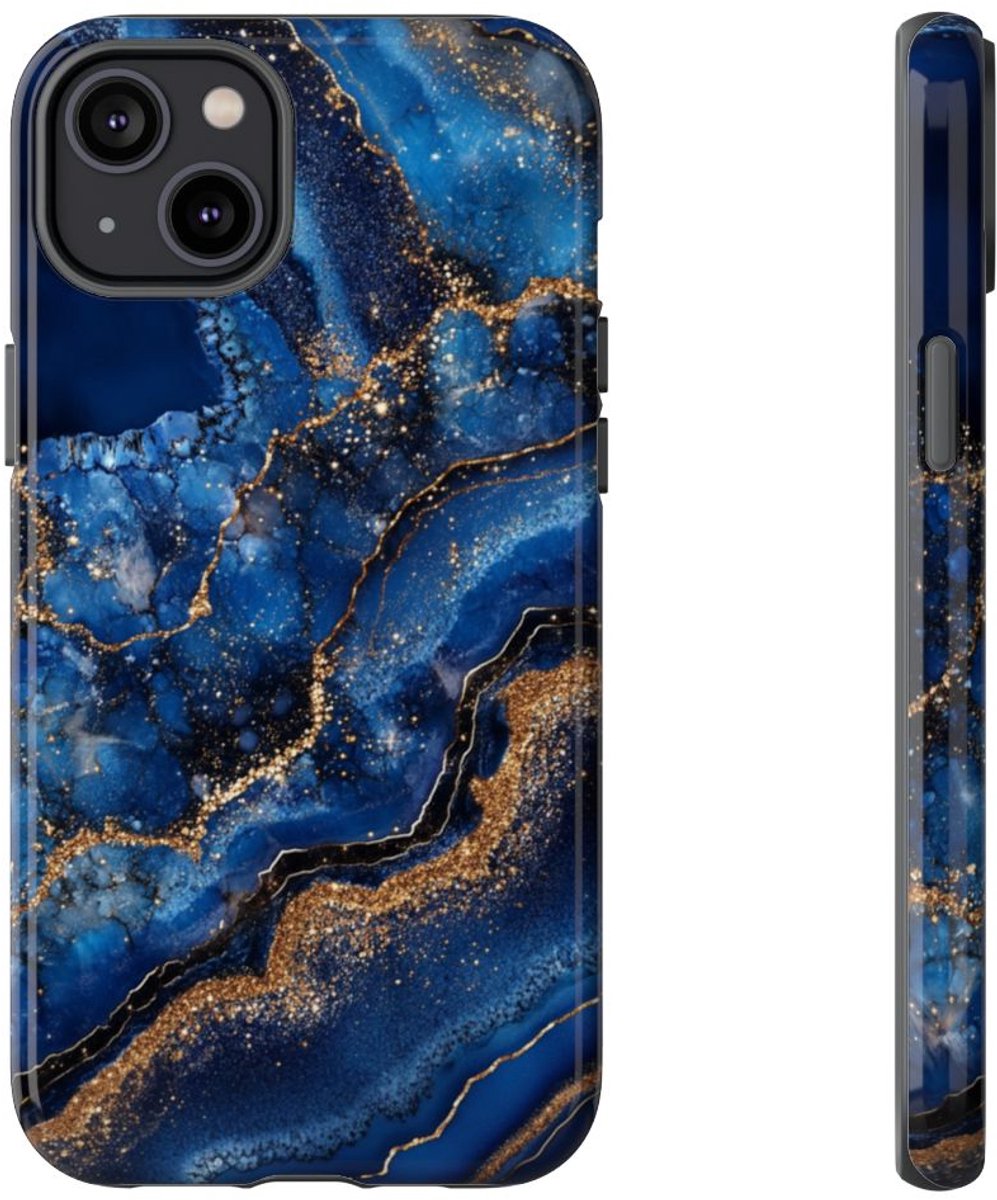 Blauw-Goud Geodepatroon – Telefoonhoesje Geschikt voor iPhone 14 Plus
