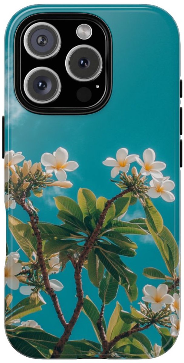 Witte Frangipanibloemen met Groene Bladeren – Telefoonhoesje Geschikt voor iPhone 16 Pro