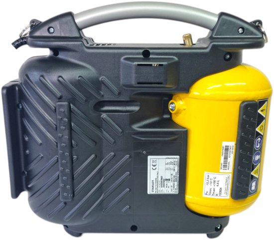 Achterkant van zwarte en gele Stanley Airboss compressor met specificaties