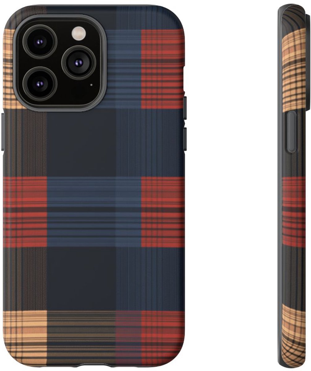 Caramel en Donkerblauw Geruit Patroon – Telefoonhoesje Geschikt voor iPhone 14 Pro Max