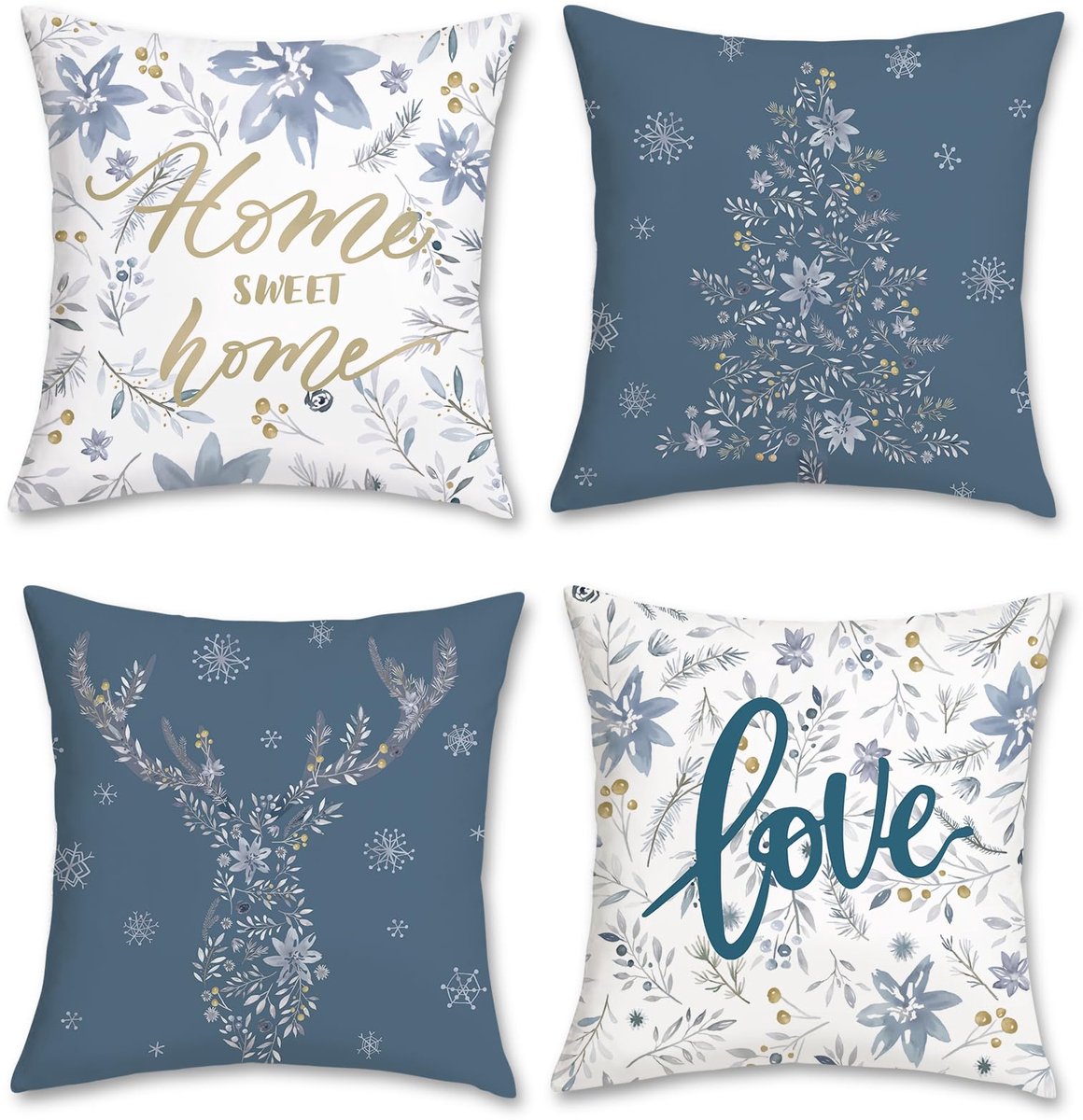 Ibenzoa Set van 4 decoratieve kussenslopen voor winterdecoratie met bloemen en bladeren, 45 x 45 cm, voor bank en slaapkamer blauw wit