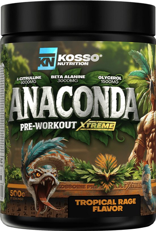 Fles ANACONDA pre-workout "Tropical Rage" smaak met afbeeldingen van planten, een slangenkop en een bodybuilder. "OPTIMALE UITHOOUDINGS VERMOGEN" & "ULTIEME KRACHT".