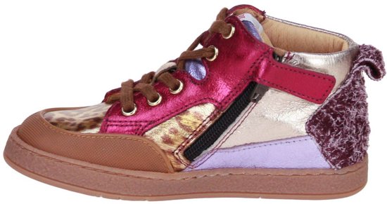 Hoge sneakers met veters en rits. Paars, roze, goud en luipaardprint. Met textuur aan de achterkant.
