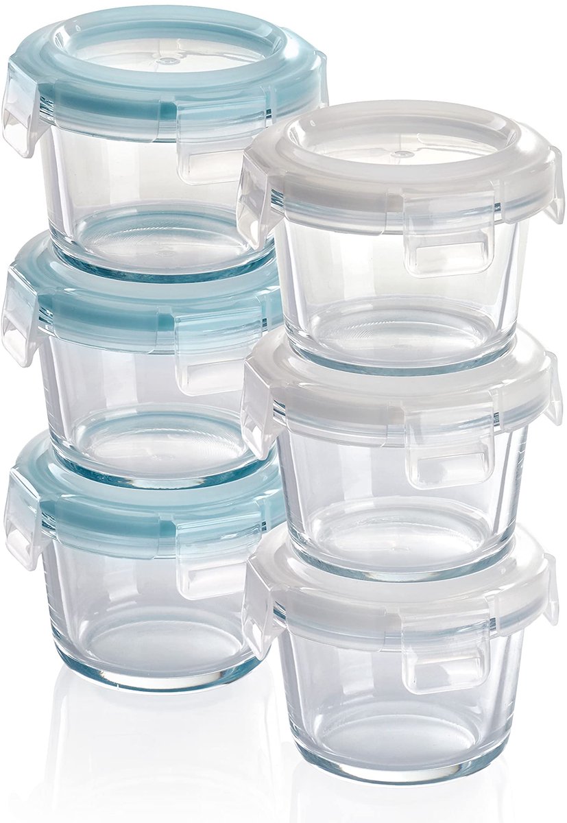 Grizzly Mini glazen voedselbewaarbakjes, set van 6 x 130 ml, luchtdicht, rond, kliksluiting, ideale verpakking voor babyvoeding, supplementen en dipsauzen