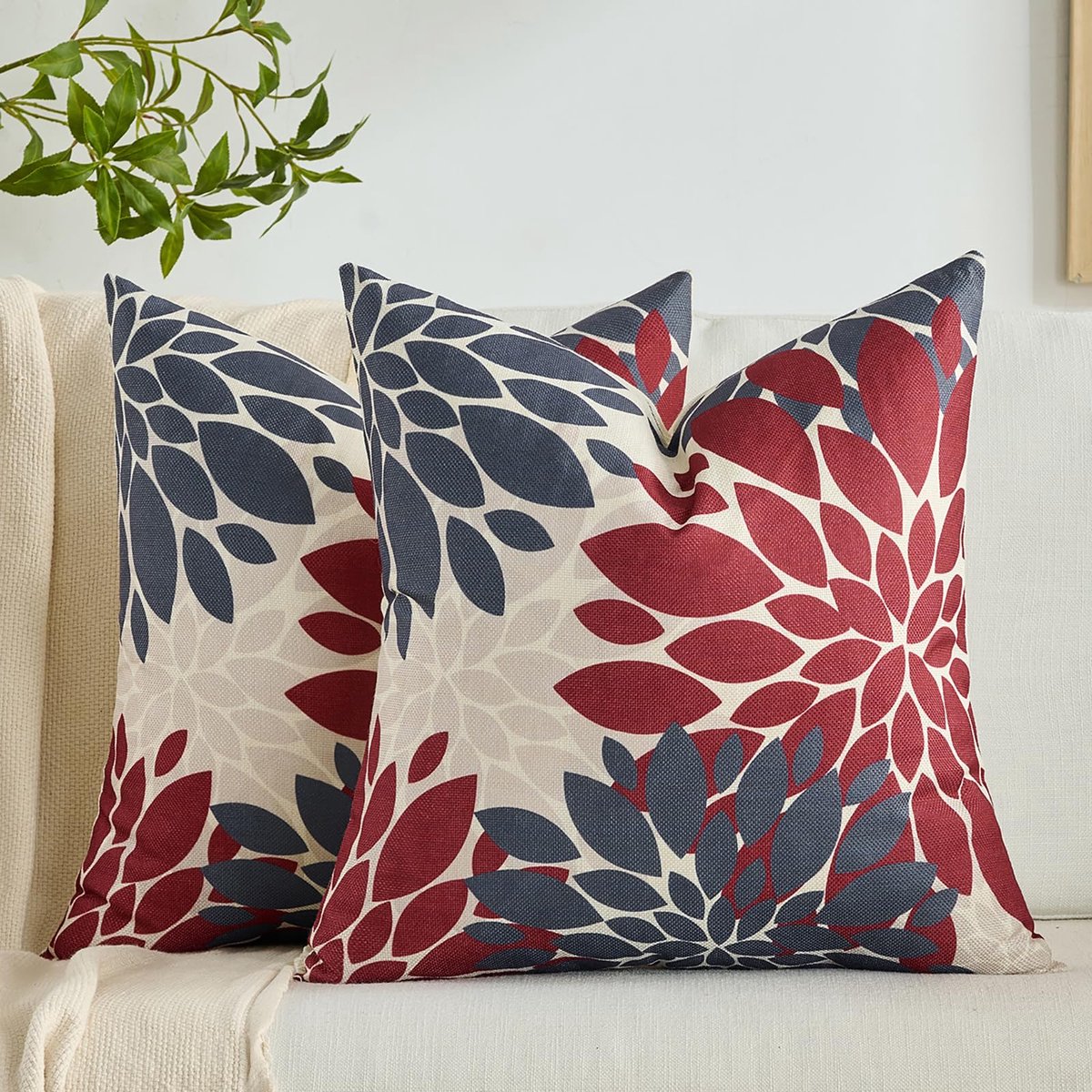 Unyqoos Kleurrijke Boho Kussenslopen Set 45 x 45 cm met Dahlia Bloemenpatroon voor Binnen en Buiten Rood en grijs
