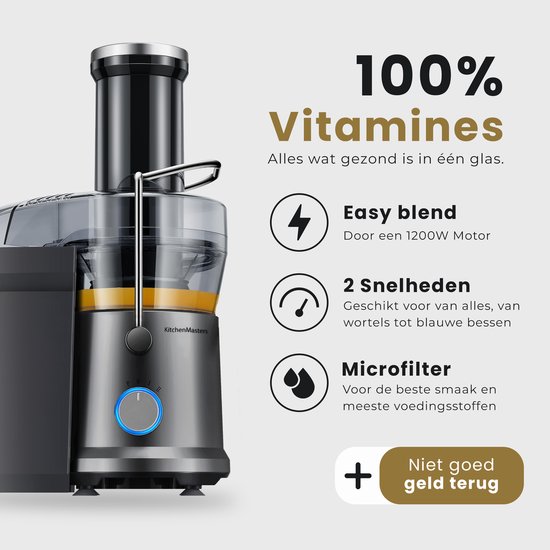 KitchenMasters Sapcentrifuge - Juicer voor Groenten & Fruit - Grote Vulopening - 3 snelheden - 1200 Watt van KitchenMasters — afbeelding 2