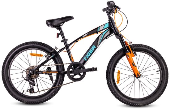 Tiger Bike Kinderfiets voor jongens van 6 tot 10 jaar, 20 inch Zwart-Turkoois-Grijs-Oranje, wielmaat te kiezen uit 6 versnellingen Shimano