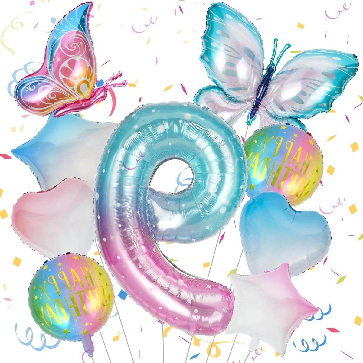Allecto Plus - Vlinder Feestbenodigdheden voor Meisjes - Verjaardagsdecoraties - 11 Ballonnen met Vlinderfolie - Gelukkige Verjaardag Ballonnen - Ster en Hartvorm - Feestversiering