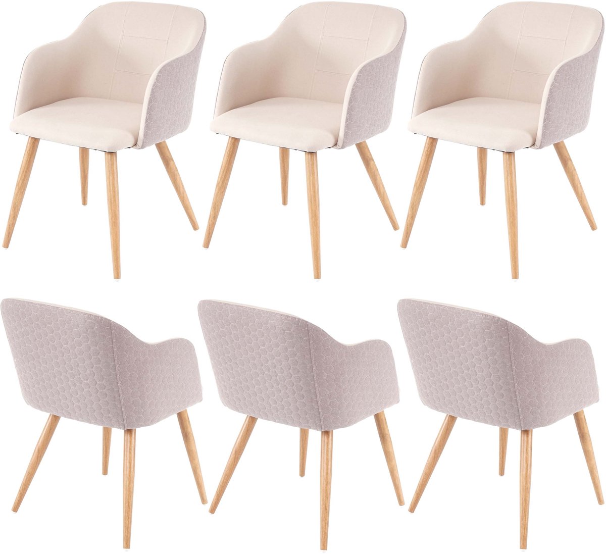 MCW Set van 6 eetkamerstoelen MCW-D71, stoel keukenstoel, retro design, armleuningen stof/textiel ~ crème-beige