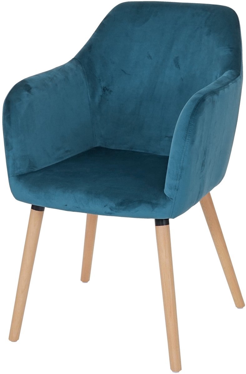 MCW Eetkamerstoel Malmö T381, stoel keuken, retro jaren 50 design ~ fluweel, petrolblauw, lichte poten