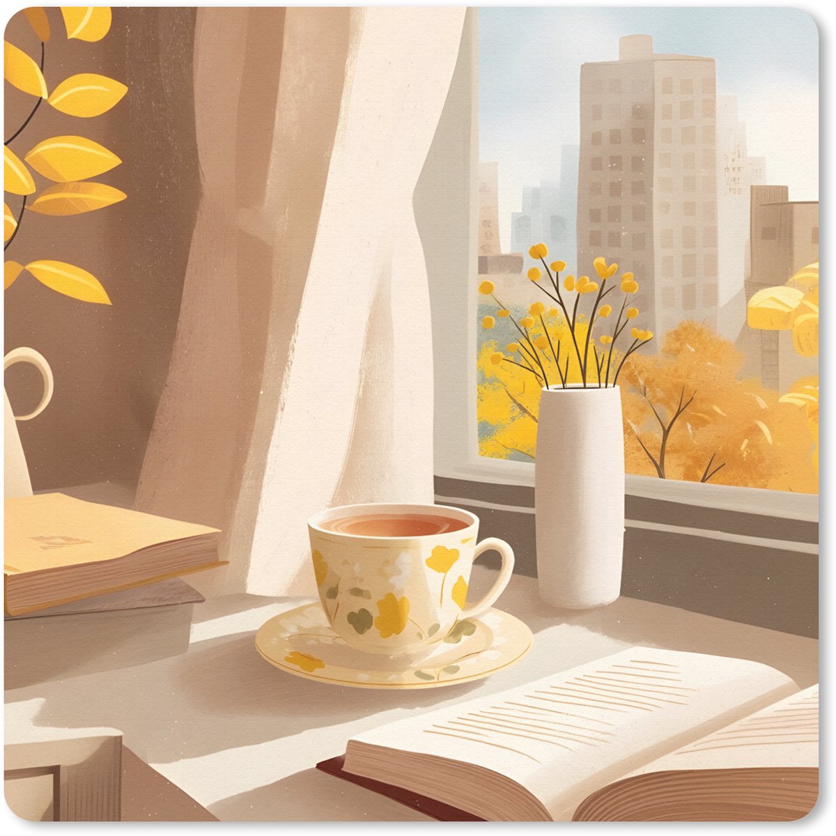 Muismat 30x30 cm - Mousepad Thee - Boek - Thee - Herfst - Muismatten