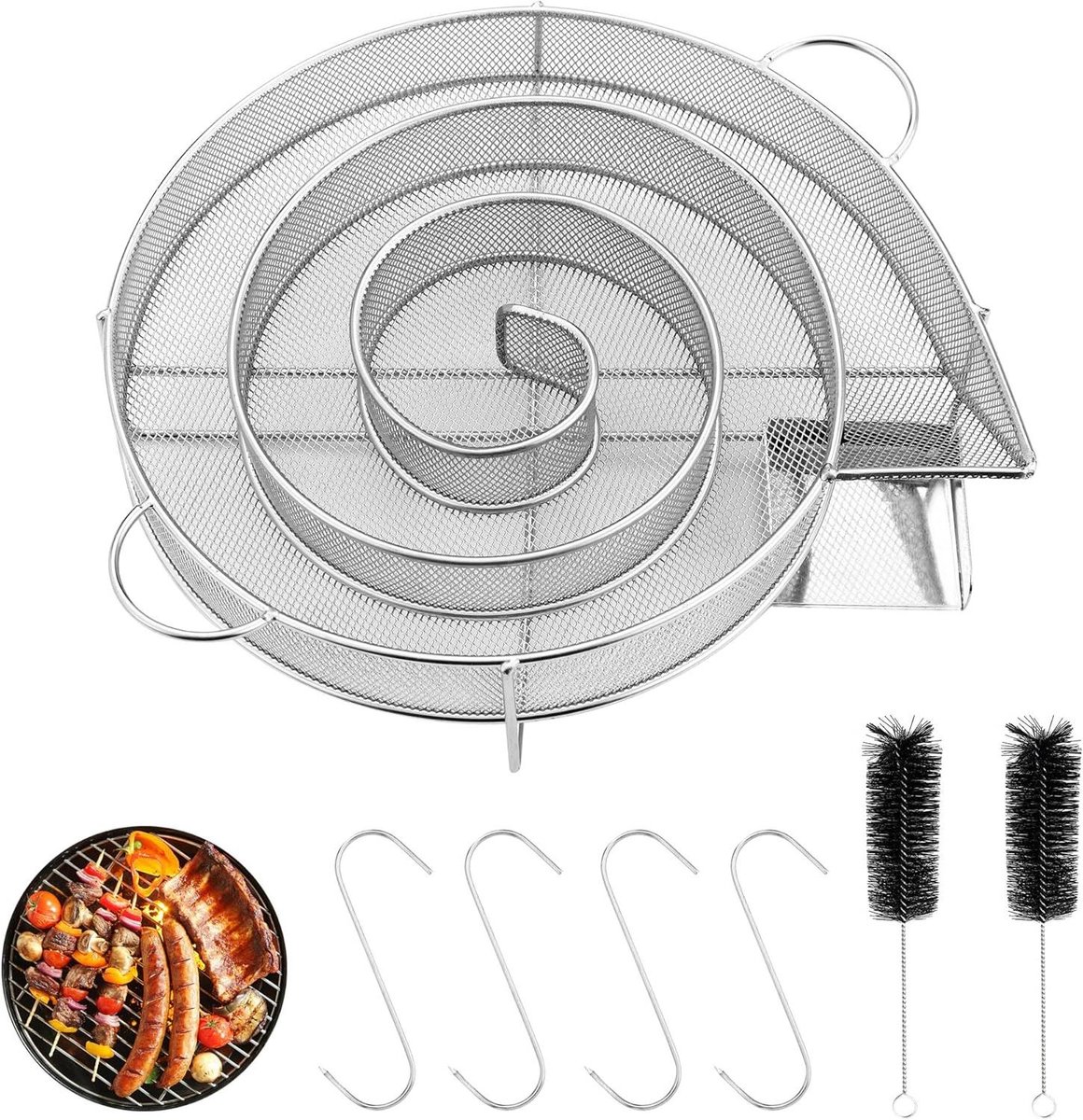 Allecto Plus - RVS Koud Rook Generator Rond Rook Slak Rookspaarrand Rookoven met Handvat met 4 Vleeshaken + 2 Reinigingsborstels - Rookoven voor Kettle Barbecues en Rookovens - Herbruikbaar
