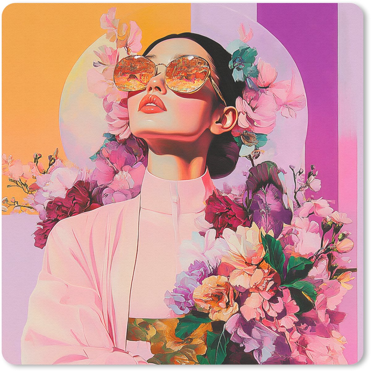 Muismat 20x20 cm - Mousepad Portret - Vrouw - Abstract - Bloemen - Muismatten