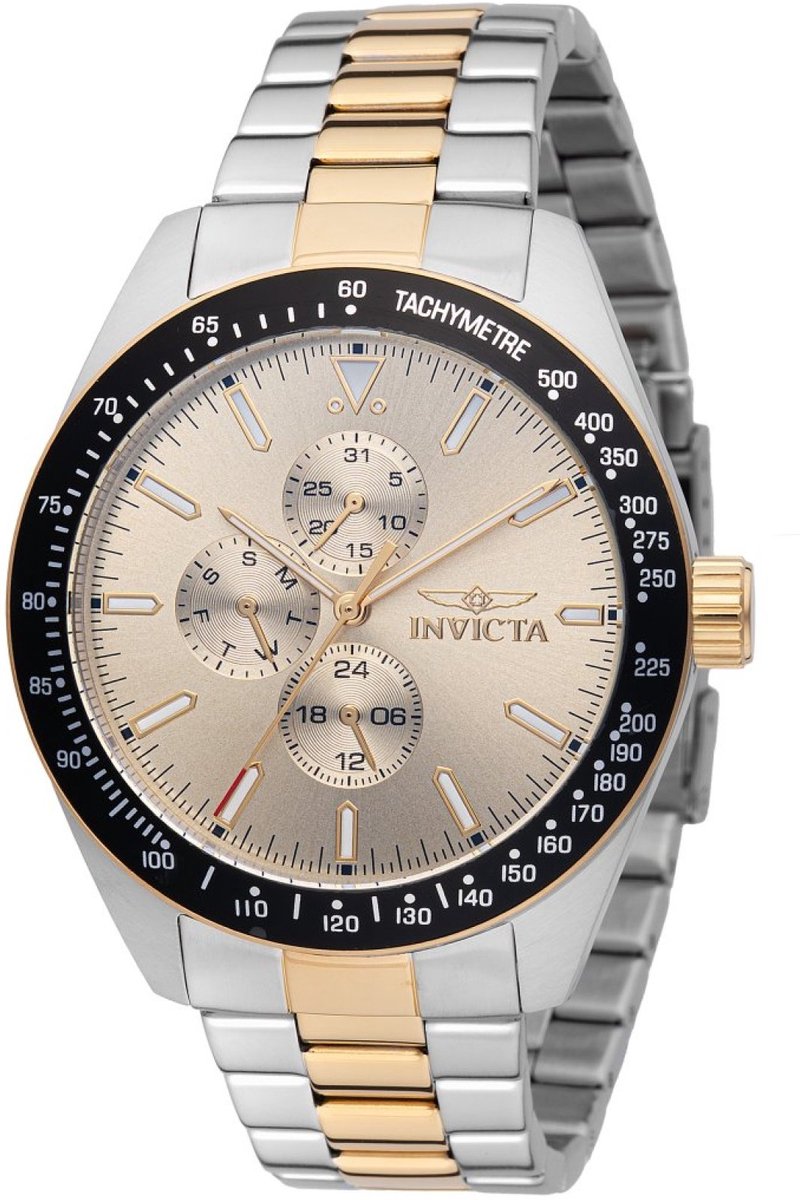 Invicta Aviator 48862 Heren Horloge - Waterdicht - Analoog - Quartz Uurwerk - Roestvrij Staal met gouden Wijzerplaat - 45mm