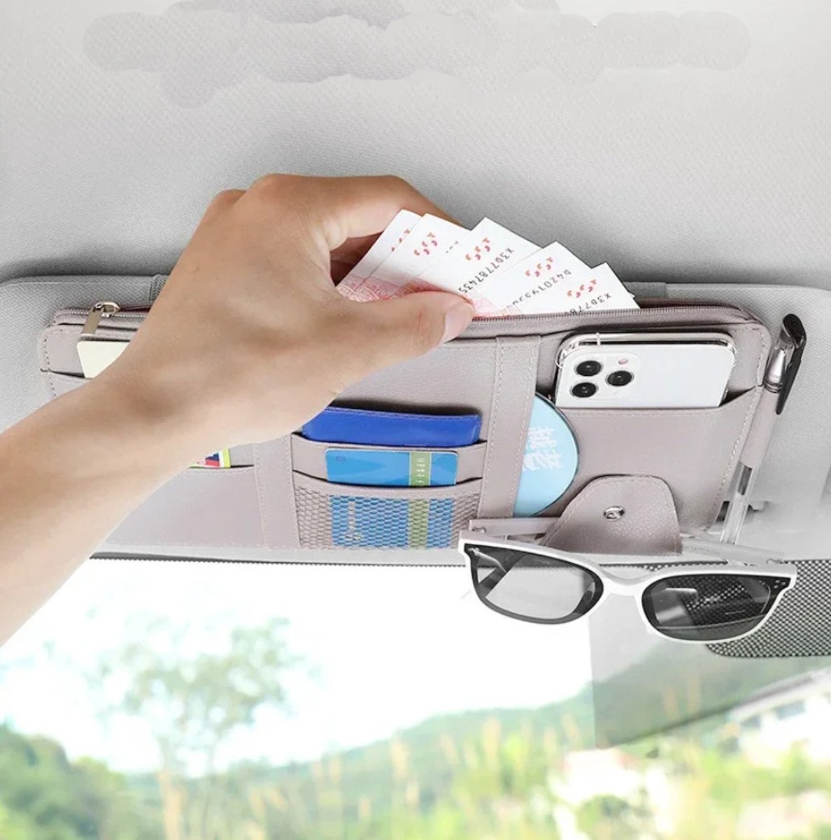 Image of Actie4you® - Auto Zonneklep Organizer - Lederen Organizer - Kaarthouder - Bril - Documenten – Met ritssluiting - Organizer voor Auto – Grijs