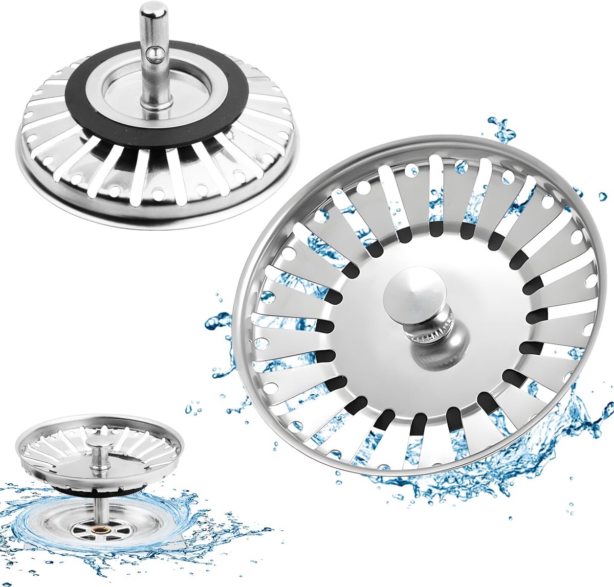 Ibenzoa® Set van 2 Roestvrijstalen Afvoerpluggen voor Keukengootsteen met Filterfunctie, 84 mm
