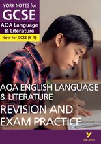 Un garçon en chemise à carreaux étudie, un stylo à la main. Le texte sur la couverture indique : YORK NOTES for GCSE AQA Language & Literature, AQA ENGLISH LANGUAGE & LITERATURE REVISION AND EXAM PRACTICE.